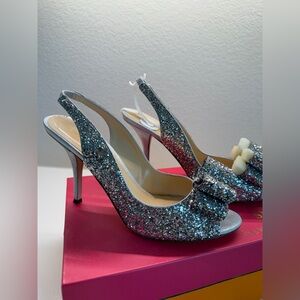 Kate Spade Silver Glitter Bow Sling Back Heels W8.5